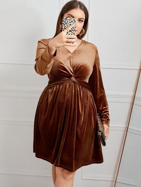 

plus velvet twist front a-line dress f4fl#, Black