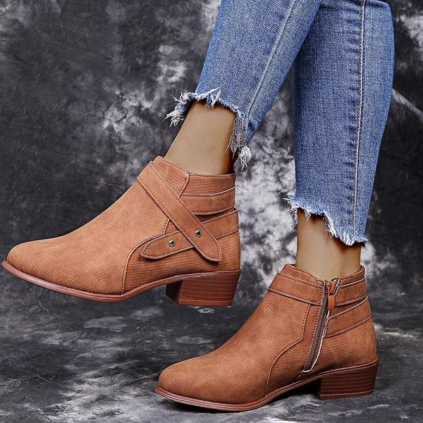 

boots women ankel ladies short boot female zipper mid heels pointed toe pu leather shoes autumn commute comfortable outdoor, Black