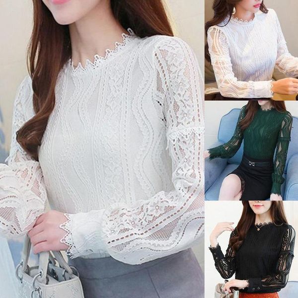 

women's blouses & shirts women o neck long sleeve hollow out see-through lace slim pullover blouse casual shirt beaded womens and, White