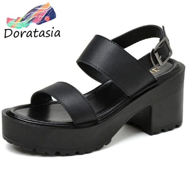 

sandals doratasia 2021 arrival women solid ankle buckle open toe platform shoes chunky heel punk, Black