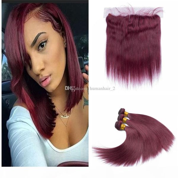 

new arrival #99j straight hair bundles with lace frontal burgundy lace frontal with hair weaves wine red malaysian virgin hair with closure, Black;brown