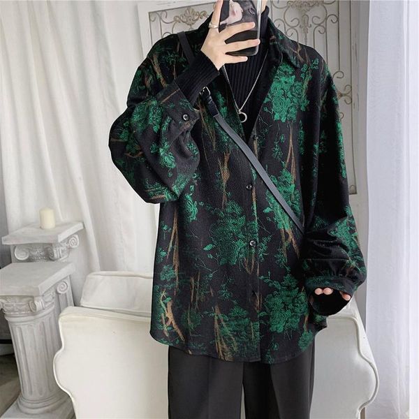 

men's casual shirts spring japanese fashion vintage shirt men long sleeve niche harajuku floral print hawaii loose button up, White;black