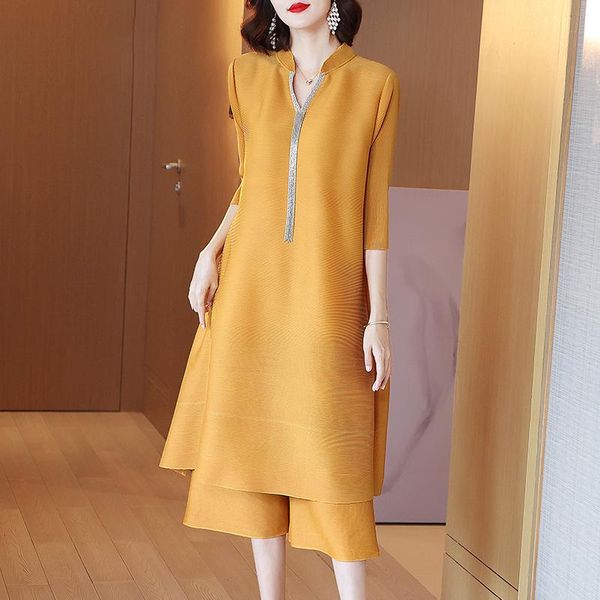 

women's two piece pants pant suits plus size for women 45-75kg 2021 autumn solid color elastic loose miyake pleated long + simple casu, White
