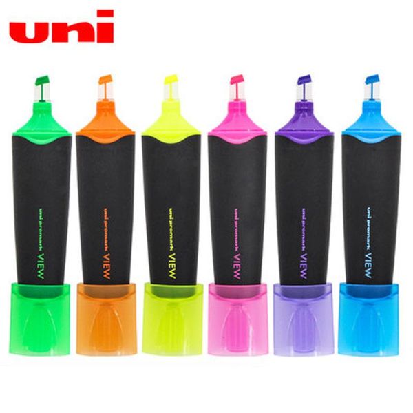 

highlighters 6pcs uni highlighter usp-200 oblique head window student candy color office learning key marker pen stationery can stand, Black;red