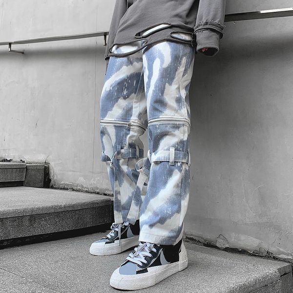 

2021 new random high male street loose streetwear classic blue zipper biker denim size -2xl on58