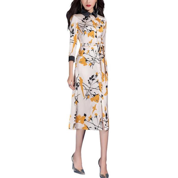 

2021 spring summer nice quality new fashion casual three quarter sleeve floral print soft long shirt dress for woman, Black;gray