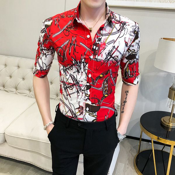 

new korean summer men's floral shirts fashion brand 2021 half manly sleeve thin male shirt fit streetwear fingerprint graduation red tu, Black;brown