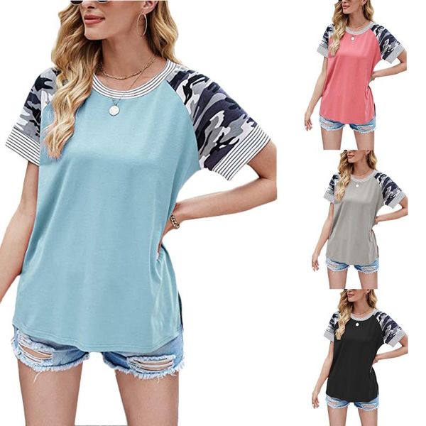 

women's t-shirt ladies dress casual round neck print stitching striped short-sleeved for female camisetas de mujer#g30, White