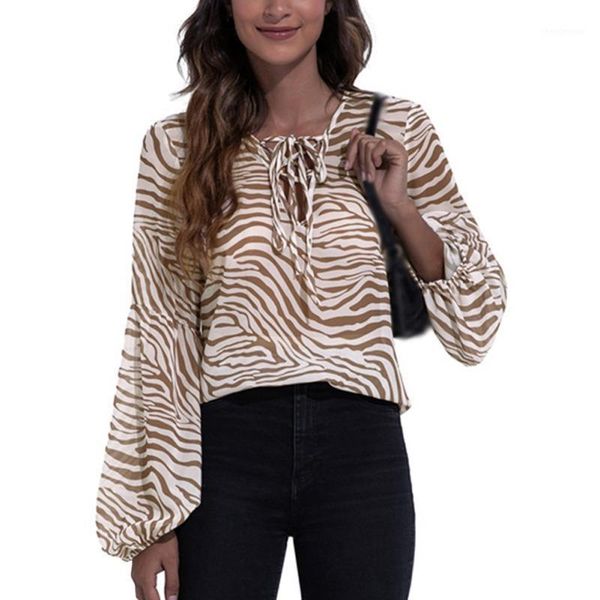 

women's blouses & shirts autumn women zebra pattern blouse refreshing v-neck tie printing sleeves chiffon shirt, White