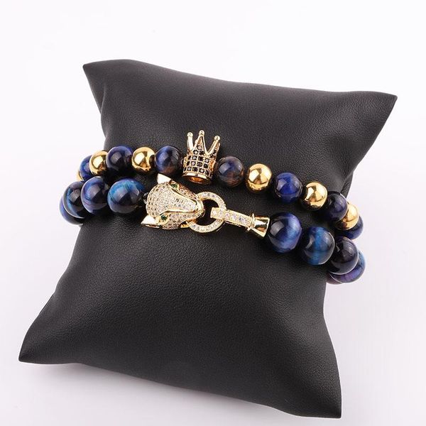 

beaded, strands fashion natural stone polar lights tiger eye beads luxury leopard crown charm elastic bracelet set jewelry men women, Black