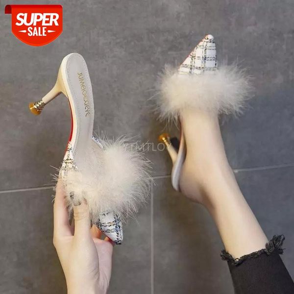 

new summer women's slippers sweet and comfortable wild wool slippers plaid indoor zapatillas casa mujer mules shoes #lr4r, Black