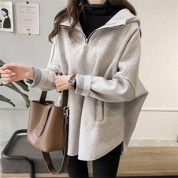 

hoodie casual women autumn winter korean japan loose long sleeve zipper sweatshirts pullover hooded lj201130, Black