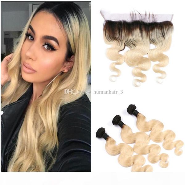 

ombre lace front wavy blonde human hair wefts with lace frontals grade 8a 613 human hair bundles with lace frontal closure 4pcs lot, Black;brown