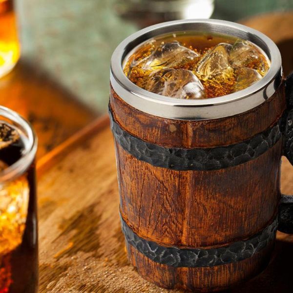 

mugs simulation crude wooden barrel stainless steel resin beer mug goblet game tankard coffee cup wine glass 550ml