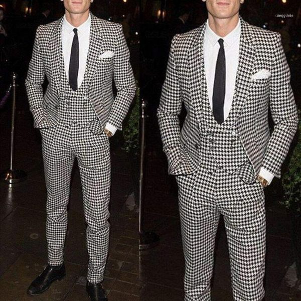 

men's suits & blazers mens suit houndstooth swallow gird plaid casual 3 piece prom wedding groom tuxedo (jacket + pants vest) dinner fo, White;black