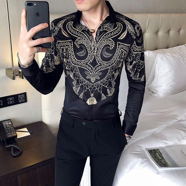 

long black/white sleeve vintage printing shirts for spring men's clothes 2021 new korean skinny casual club streetwear 3xl cvfb, White;black