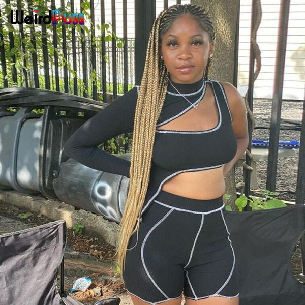 

women's tracksuits weird puss hollow rib irregular women tracksuit fitness 2 piece set striped crop biker shorts matching suit casual s, Gray