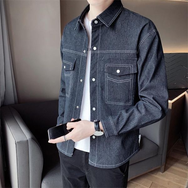 

men's casual shirts autumn ins wind korean simple striped fashion short jacket shirt collar open line, White;black
