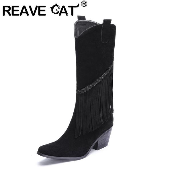 

boots reave cat 2021 women square toe western cowboy comfy shoes chunk heel cowgirl fringe ridding size 34-43 f1446, Black