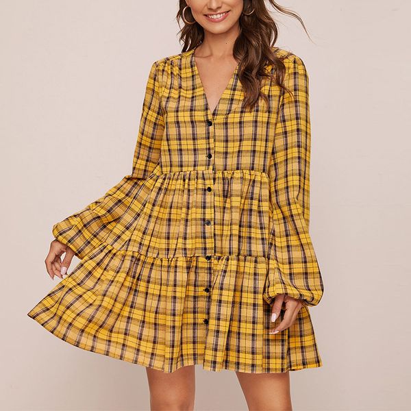 

2021 new women spring plaid ruffle patchwork retro sleeve slim line lady autumn v neck cardigan midi party vestidos emtw, Black;gray
