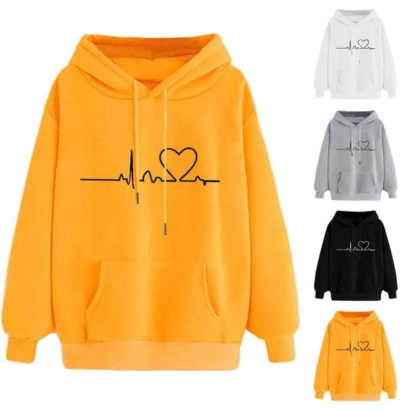 

women's hoodies & sweatshirts heartbeat print hoodie sweatshirt casual loose pocket drawstring autumn winter pullover long sleeved str, Black
