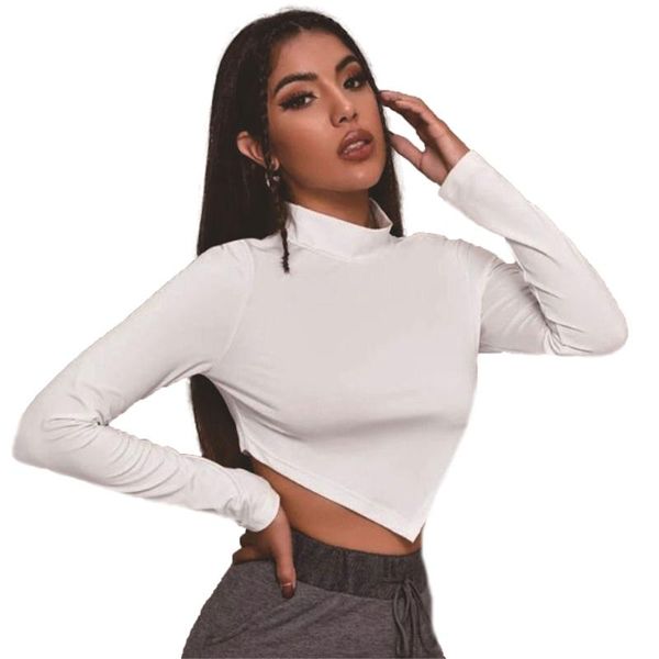 

women's t-shirt women\u2021s casual long-sleeved fashion solid color high collar irregular exposed navel top, White