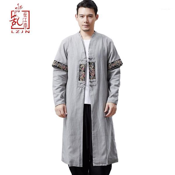 

lzjn 2019 men autumn trench coat cotton linen longline long sleeve jacket chinese frog buttons outfit overcoat with pockets1, Tan;black