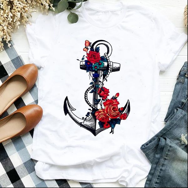 

womens t shirt women lady floral vintage flower short sleeve fashion print tee clothes tshirt for female graphic, White