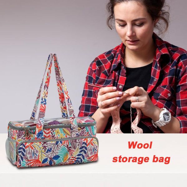 

600d oxford cloth yarn storage bag with leaf knitting tote for thread wool yarn diy weave knitting bag sewing accessory, Black