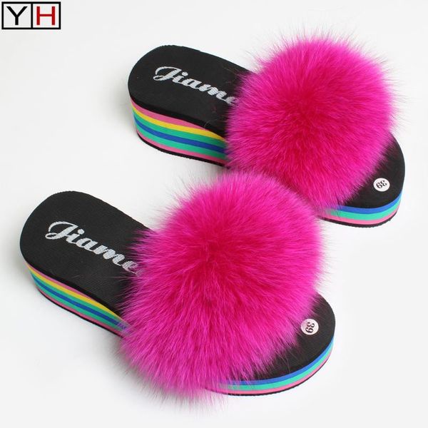 

sandals 100%natural fluffy fur flip flops fashion genuine slippers plush beach lady summer luxury, Black