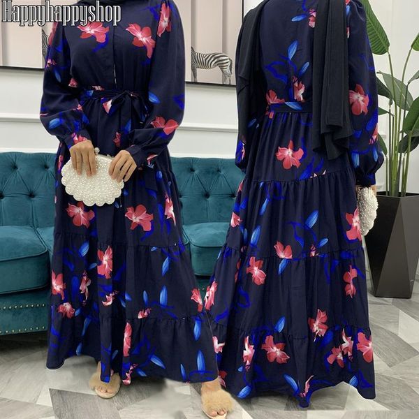 

casual dresses 2021 elegant women floral print dress maxi long sleeve abaya islamic jilbab kaftan muslim eid robe dubai turkish clothing, Black;gray