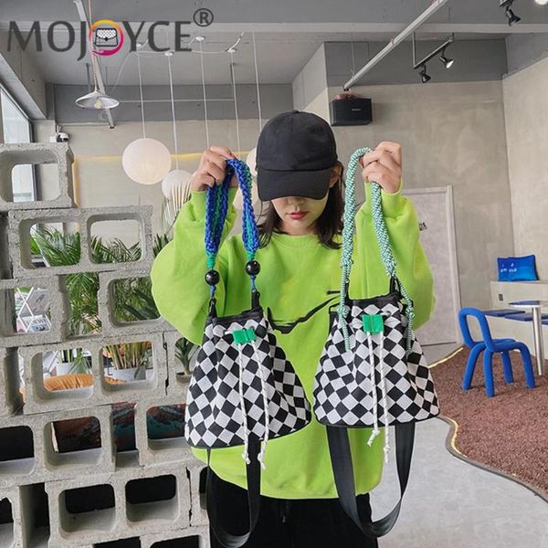 

evening bags retro checkered pattern shoulder crossbody bag with woven handle women casual hit color canvas bucket drawstring small handbags