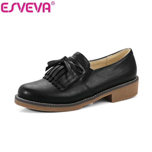 

dress shoes esveva 2021 black square low heel woman pumps pu sweet fringe women ladies slip on spring autumn big size 34-43