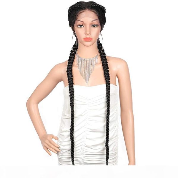 

long 100% hand braided swiss lace front dutch twins blonde braided wigs with baby hair for women japan-made lightweight synthetic braids wig, Black