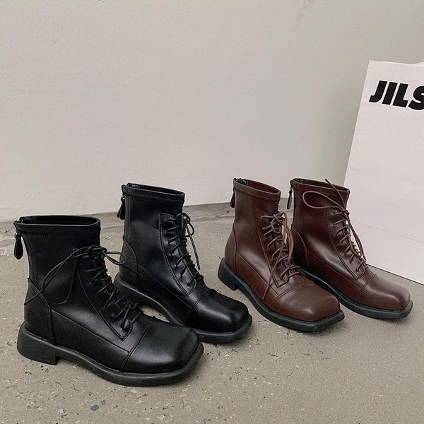 

boots personality flat ankle simple style classic basic leather square toe high heels winter women lace up mid-calf, Black