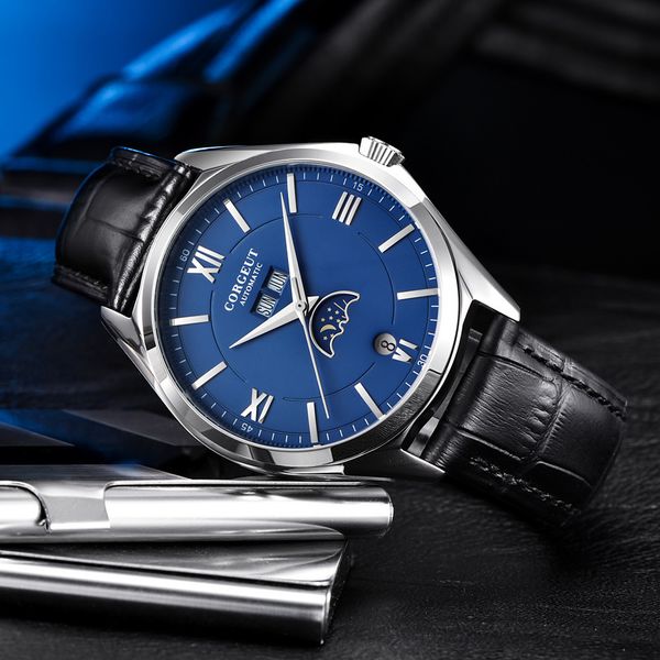 

moon phase mens corgeut 41mm fashtion blue dial automatic mechanical wristwatches 316l stainless steel case watch 2, Slivery;brown