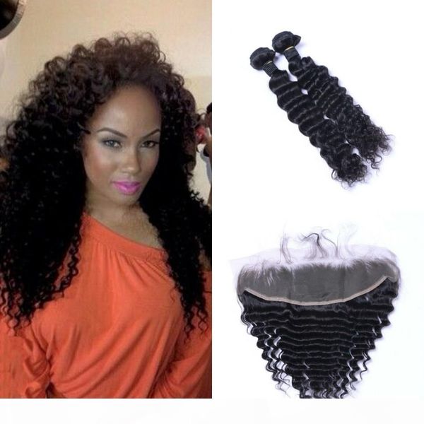 

indian human hair deep wave bundles with frontal natural color virgin hair extensions 2 bundles with lace frontal 13x4, Black;brown