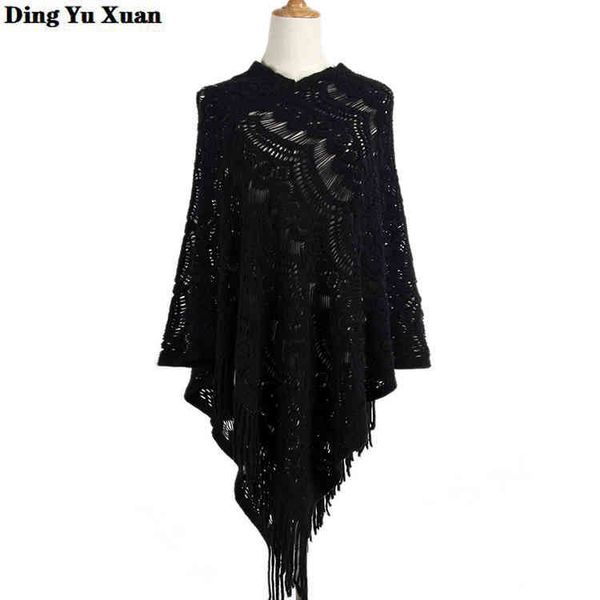 

autumn winter asymmetric style crochet poncho fashion jumper hollow out cloak sweater women knit pullover with tassel cape femme, Blue;gray