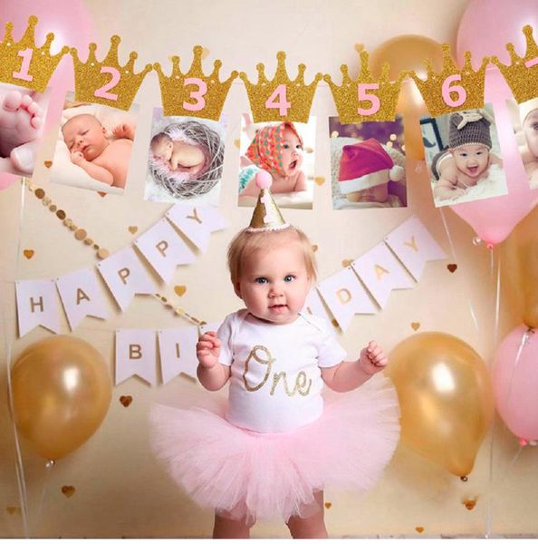 

party decoration baby 1st birthday banner flag monthly one year bunting garland shower boy girl first happy decorations kids