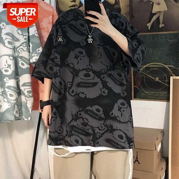 

men's short-sleeved shirt loose bear full print round neck three-quarter sleeves hong kong style retro half-sleeved #x27o, White;black