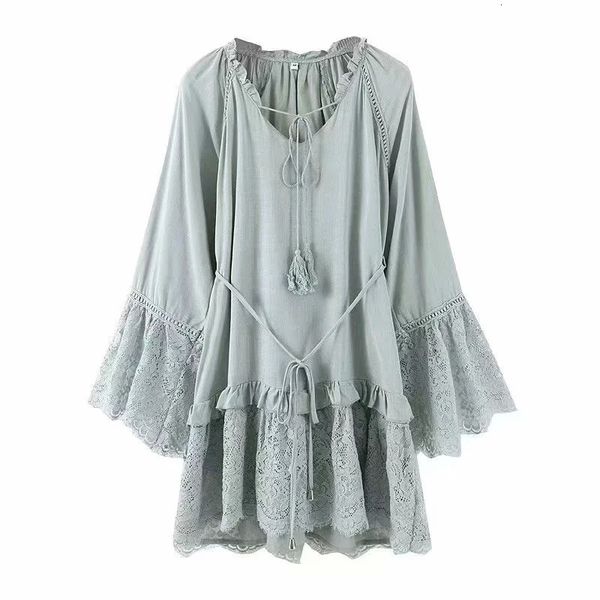 

2021 new ayualin flare long sleeve mini dresses women vintage cotton rayon splice lace autumn dress vestidos beach robe fb13, White