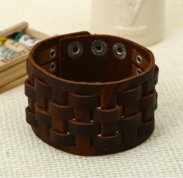 

vintage multi-layer woven cowhide bracelet men's wide leather chain armband personality trend punk jewelry, Black