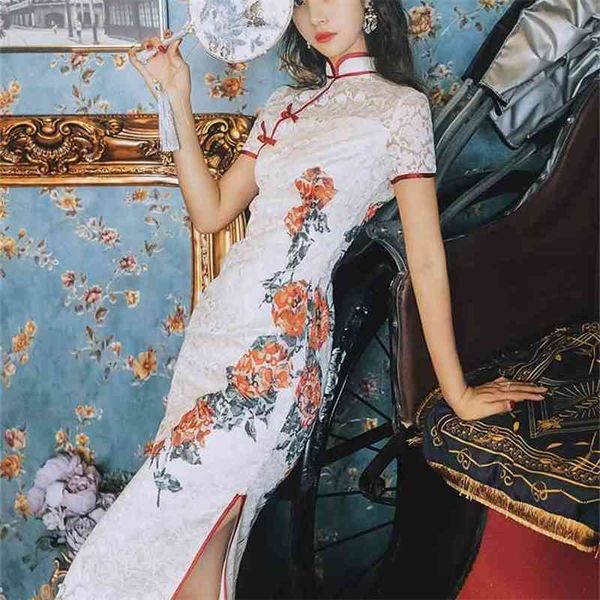 Rose Stickerei Frau Kleid Sommerscheide Midi Elegante Blumen Jacquard Chinesische Stilkleider Weibliche Verbesserte Cheongsam 210603