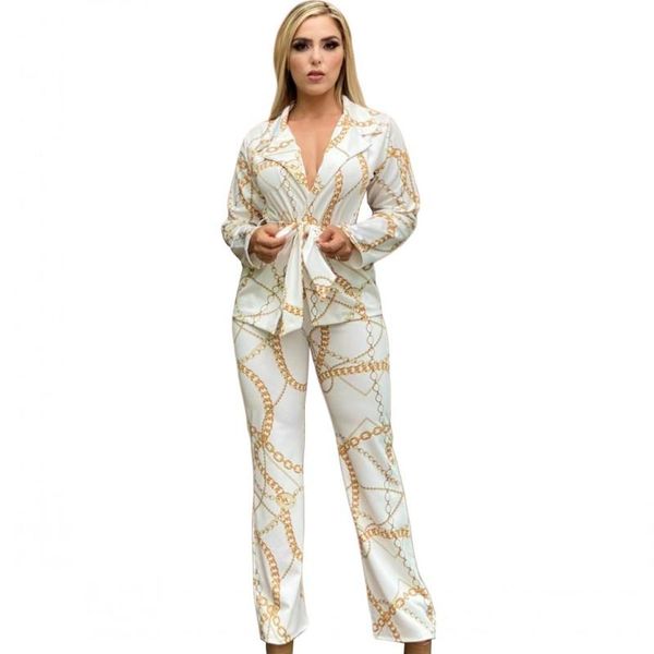 

women's two piece pants sets lace up notched neck long outfits 2021 autumn print casual fashion office lady pant blazer suits, White