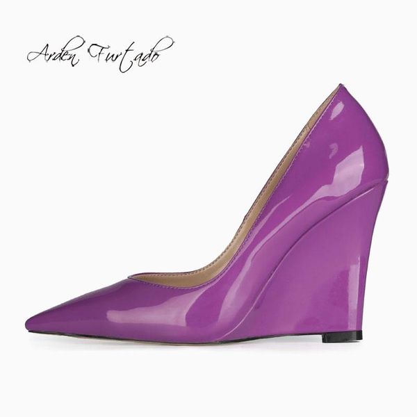

arden furtado 2021 spring autumn fashion wedges women's shoes elegant pointed toe yellow blue purple pumps big size 44 45, Black