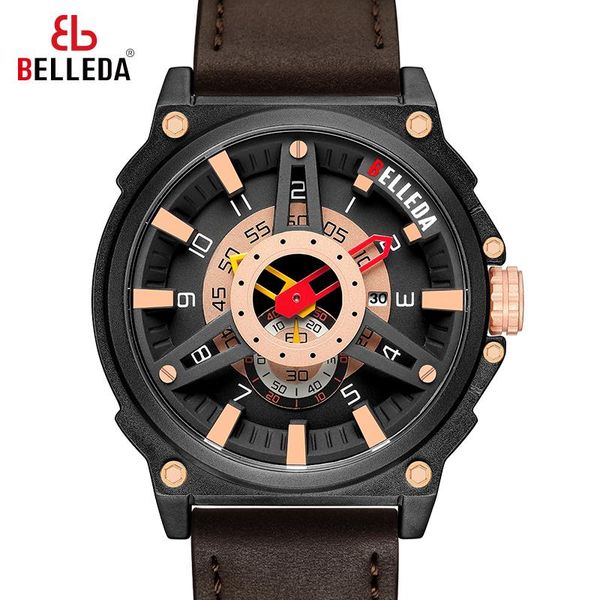 

wristwatches belleda mens military sports male analog date rose gold quartz watch men watches casual leather, Slivery;brown