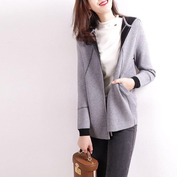 

women's wool & blends temperament age-reducing open thread thick hooded jacket women autumn and winter knitted woolen loose, Black