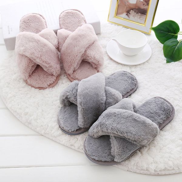 

women fluffy winter sandal cross plush open toe sandal soft flat shoes warm faux fur slipper home female shoesdhl, Black
