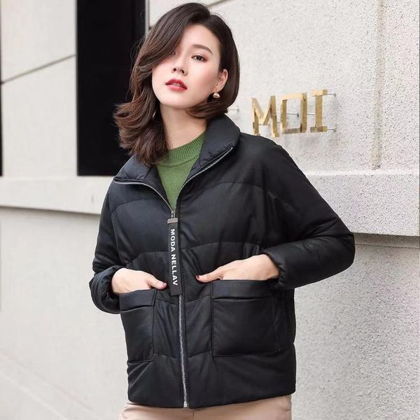 

women's leather & faux sheepskin] frosted warm and comfortable 90 white duck down jacket for women, Black