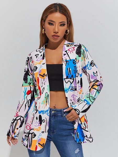 

graffiti print open front blazer v9g4#, White;black